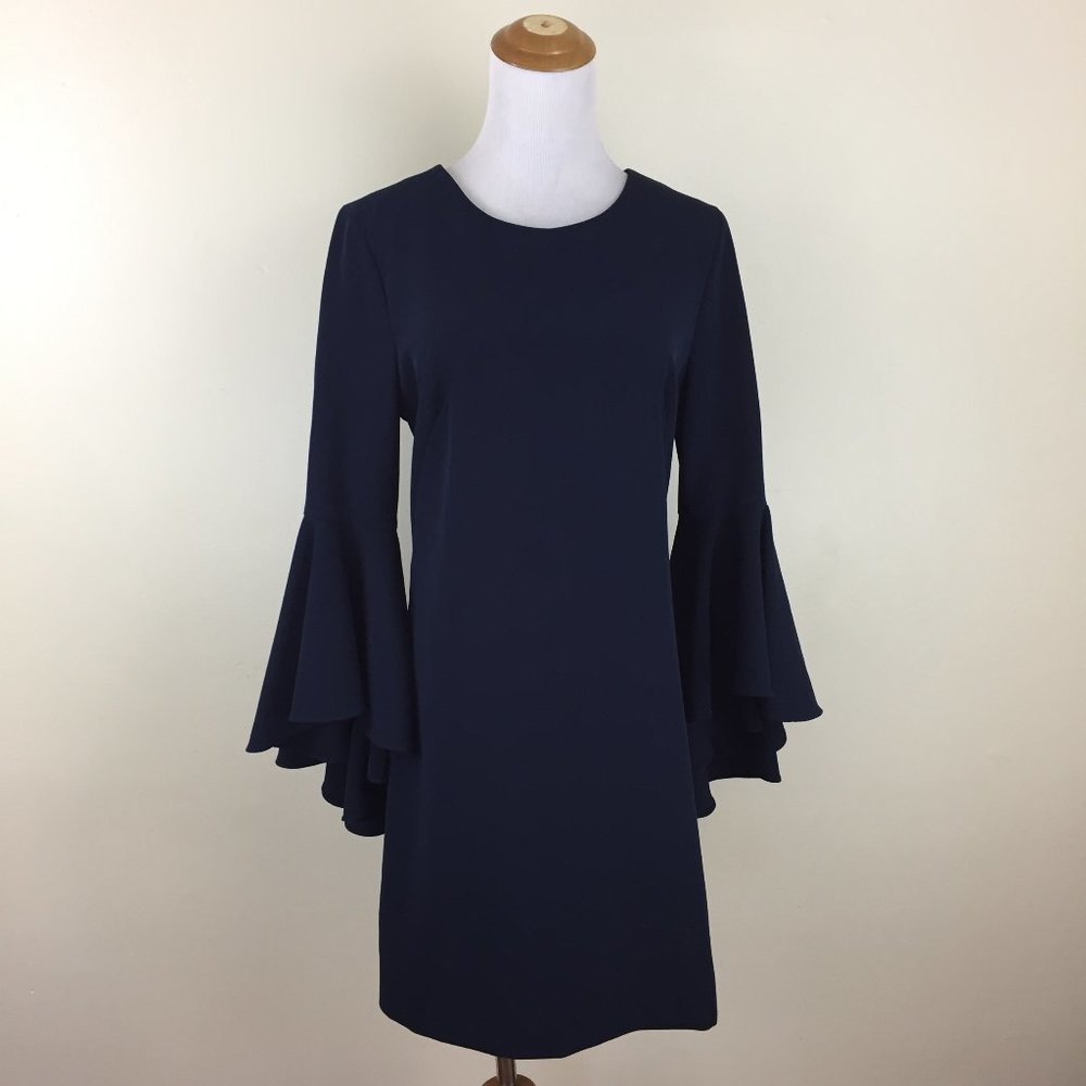 MILLY Italian Fabric Dark Blue Long Ruffle Bell Sleeve Lined Dress